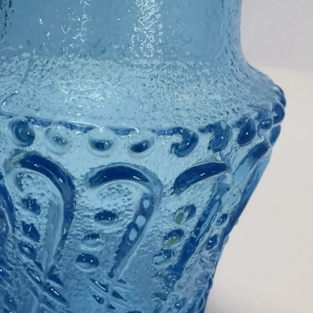 Pitcher Jug Kanawha Ice Colonial Blue Glass Mini UV Raised Loop Swirl Dots Wavy